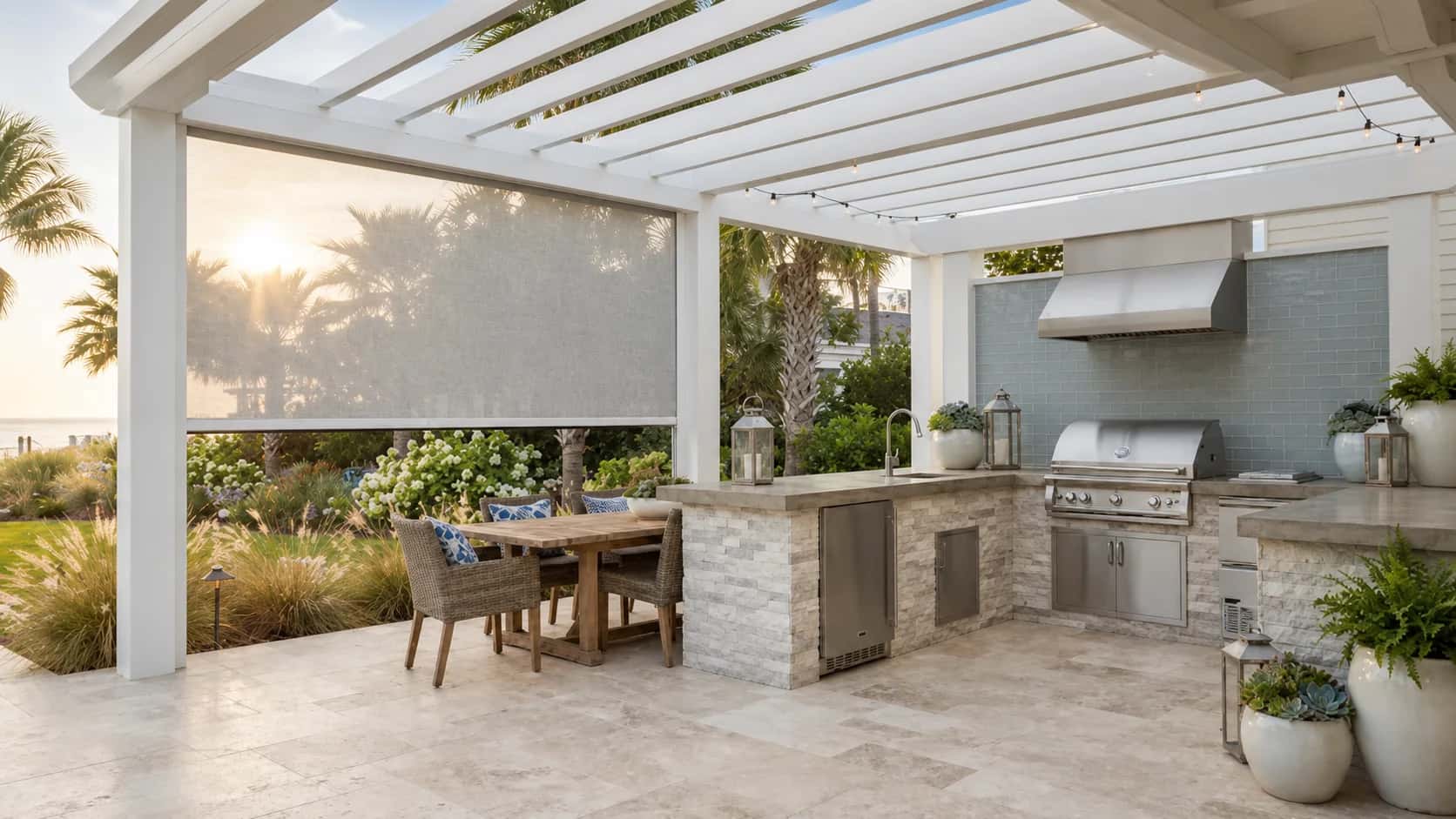 Elegant outdoor kitchen under a modern pergola with motorized screening for filtered shade.