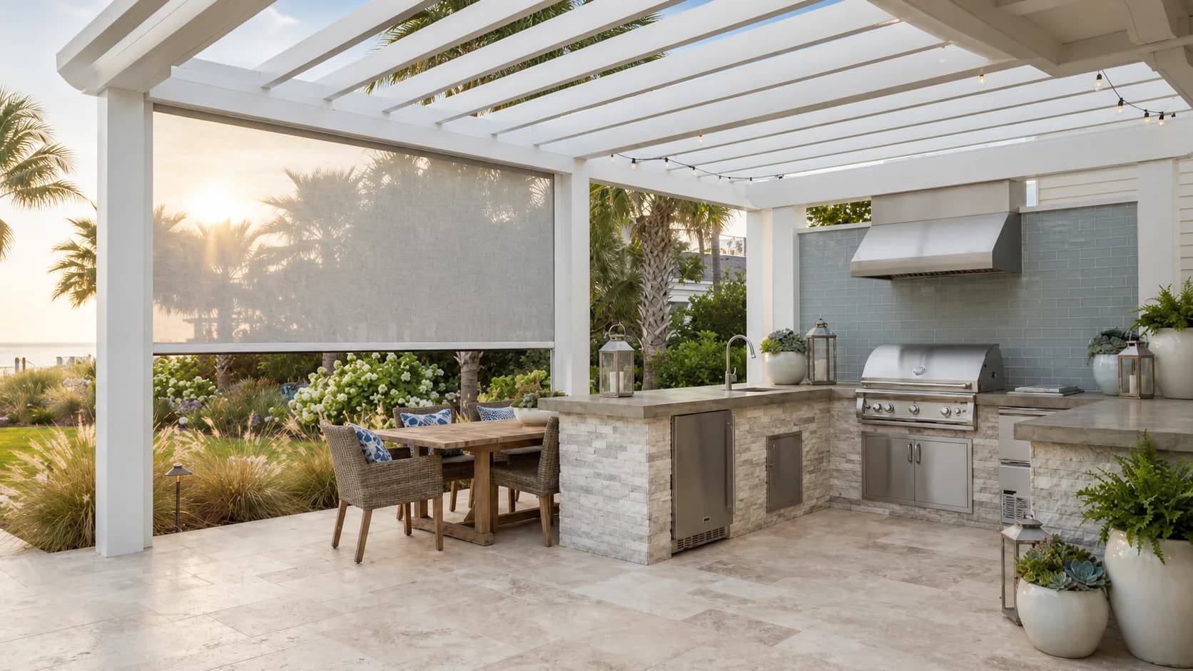 Elegant outdoor kitchen under a modern pergola with motorized screening for filtered shade.