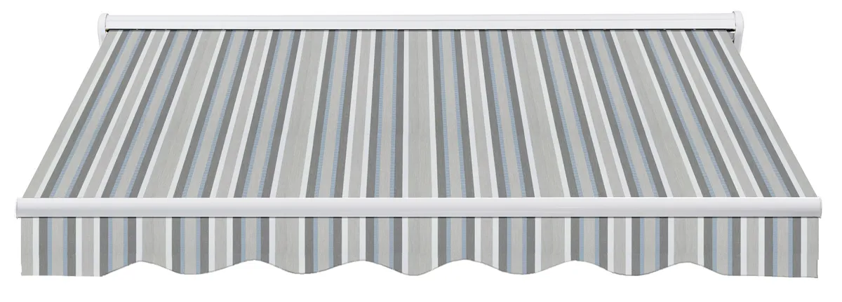 SunPro semi-cassette retractable awning shown fully extended with striped fabric and a finished front bar.