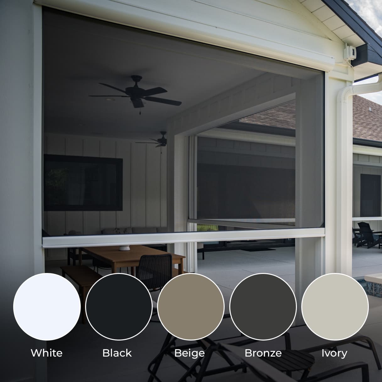 SunPro screen housing colors in white, black, beige, bronze, and ivory.